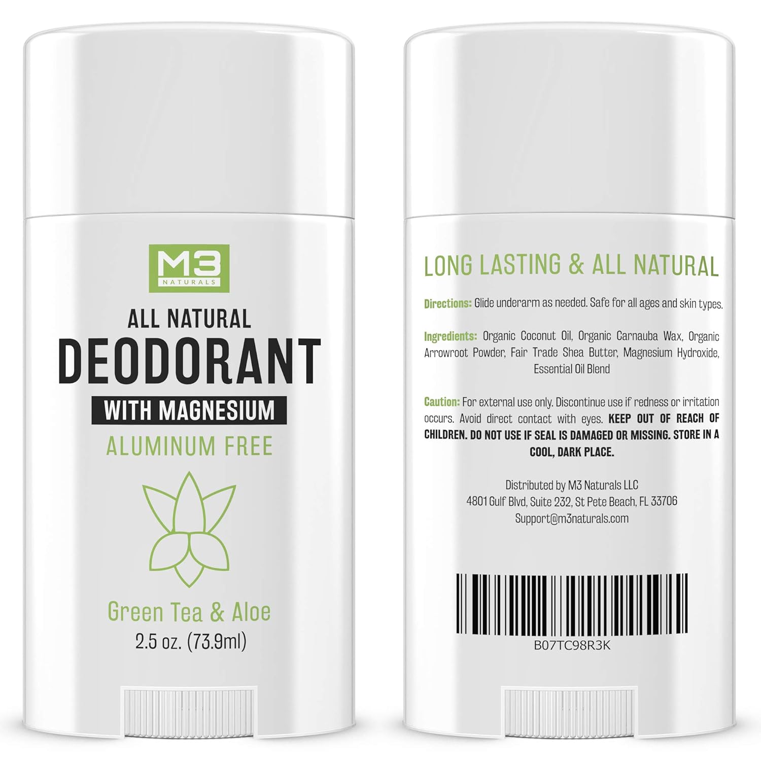 M3 Naturals Natural Deodorant with Magnesium, Green Tea and Aloe - Long-Lasting, Non-Toxic, Free of Aluminum, Baking Soda, Parabens, Sulfates and Gluten – For Men and Women - Vegan, Organic 2.5 oz : Beauty