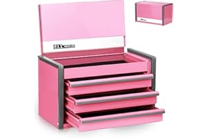 P.I.T. Mini Pink Tool Box, Portable 3 Drawer Steel Stackable Tool Box with Magnetic Tab Locking, Pink Micro Top Chest with Liner for Tools Storage and Organizers, Home DIY