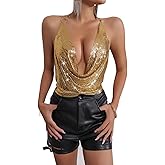 Gold Body Chain for Women Metallic Sequins Halter Crop Tank Top Cami Deep V Neck Backless Sexy Vest Shirt Clubwear Rave