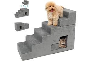 YU YUSING Dog Stairs for Small Dogs 27”H, 6-Step Dog Steps for High Bed, High-Density Foam Pet Stairs with Non-Slip Removable Washable Cover to Get on Bed(Grey)