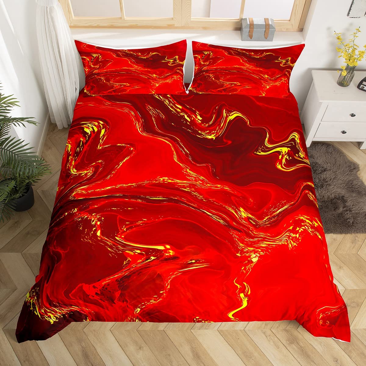 Red Marble Duvet Cover Set Double Size, Luxurious Red Gold Marbling Comforter Cover with 2 Pillowcases, Abstract Stone Texture Bedding Set 3pcs for Kids Boys Girls Lightweight Bedspread Cover — image 1