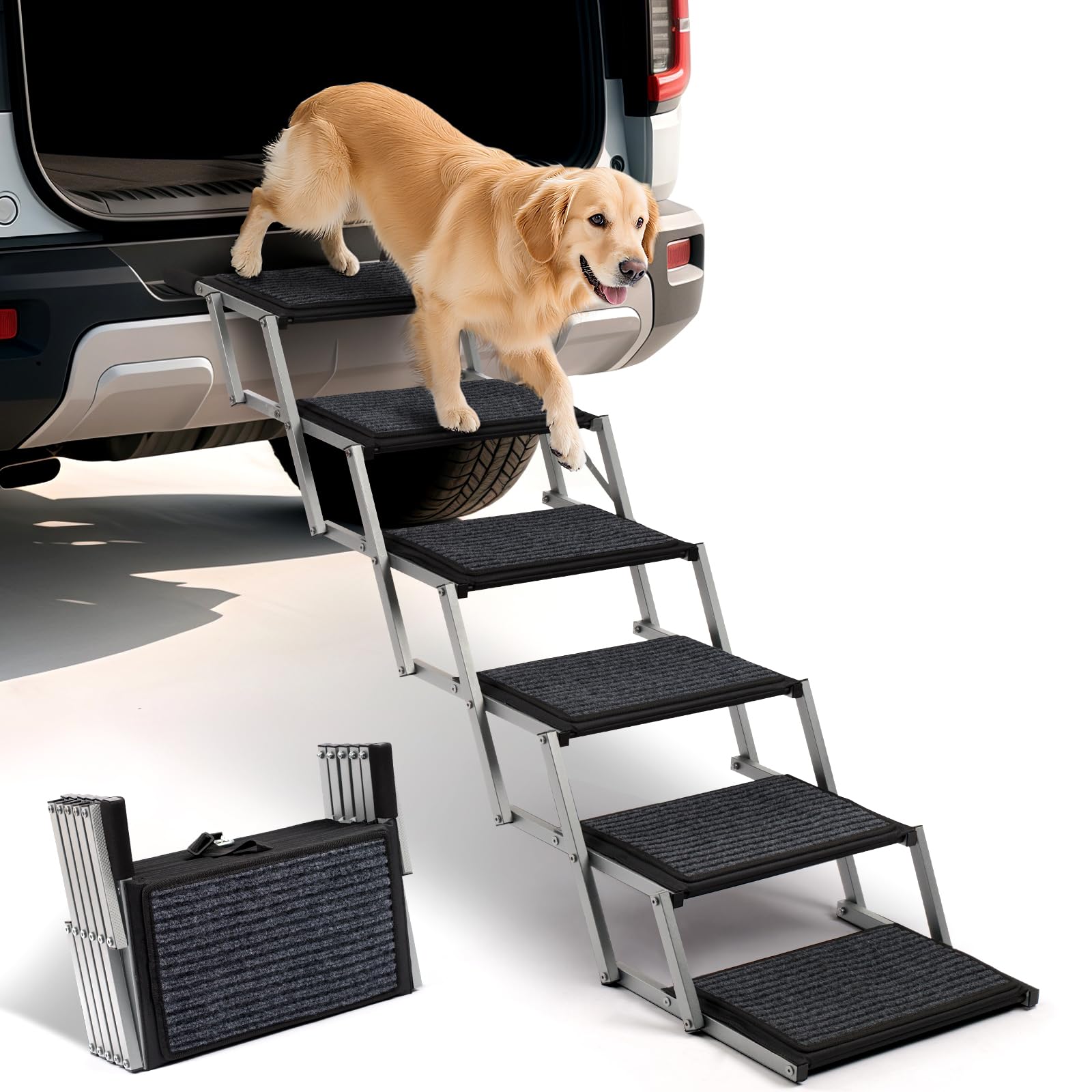 Photo 1 of Dog Steps for Car, Truck and SUV - Foldable Pet Stairs for Large Dogs with Non-Slip Rug Surface, Lightweight Dog Ramp Holds Up to 250lbs, 6 Steps