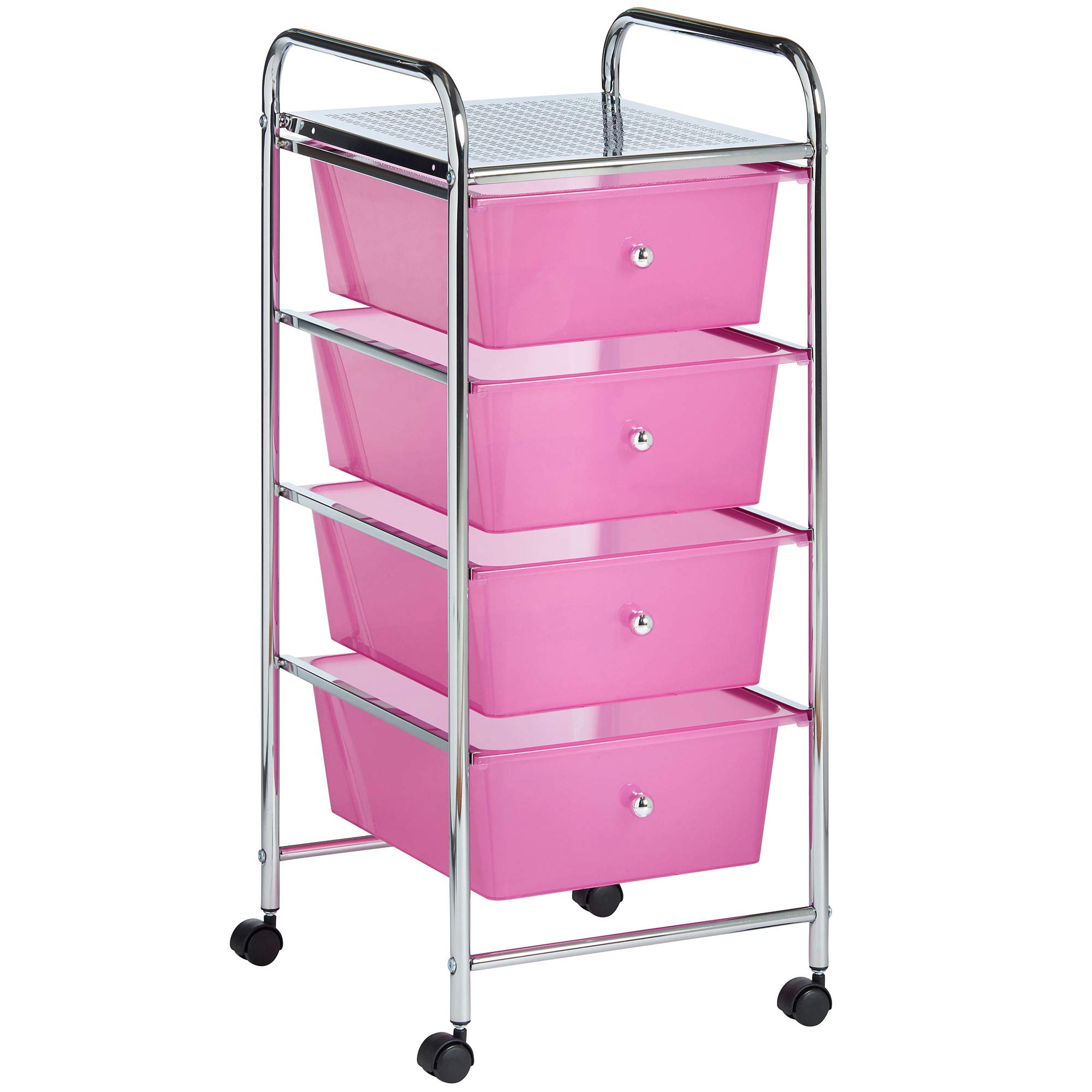 VonHaus 4 Drawer Plastic Storage Trolley, Multipurpose Storage Drawer Rolling Cart, Unit for Home Office Stationery Organisation, Make-up, Beauty - Mobile Design 4 Tier Shelving Castor Wheels (Pink)