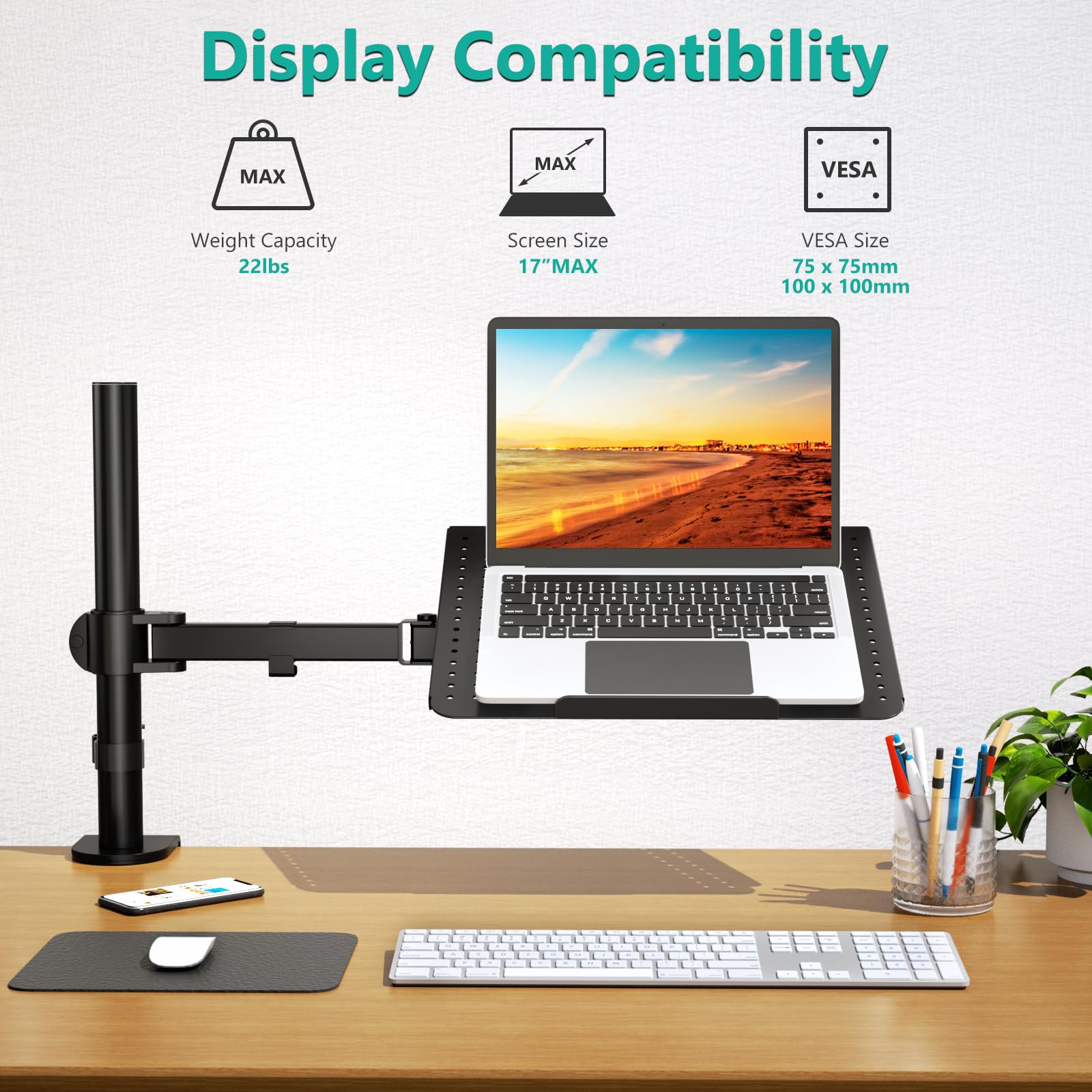 WALI Laptop Tray Desk Mount for 1 Laptop Notebook up to 17 inch, Fully Adjustable, 22 lbs Capacity with Vented Cooling Platform Stand (M00LP) - Image 2