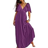 Kikibell Women Summer Dresses Sexy V-Neck Maxi Dress Tiered Silhouette with Flutter Sleeve Backless Elastic Waist Flowy Dress