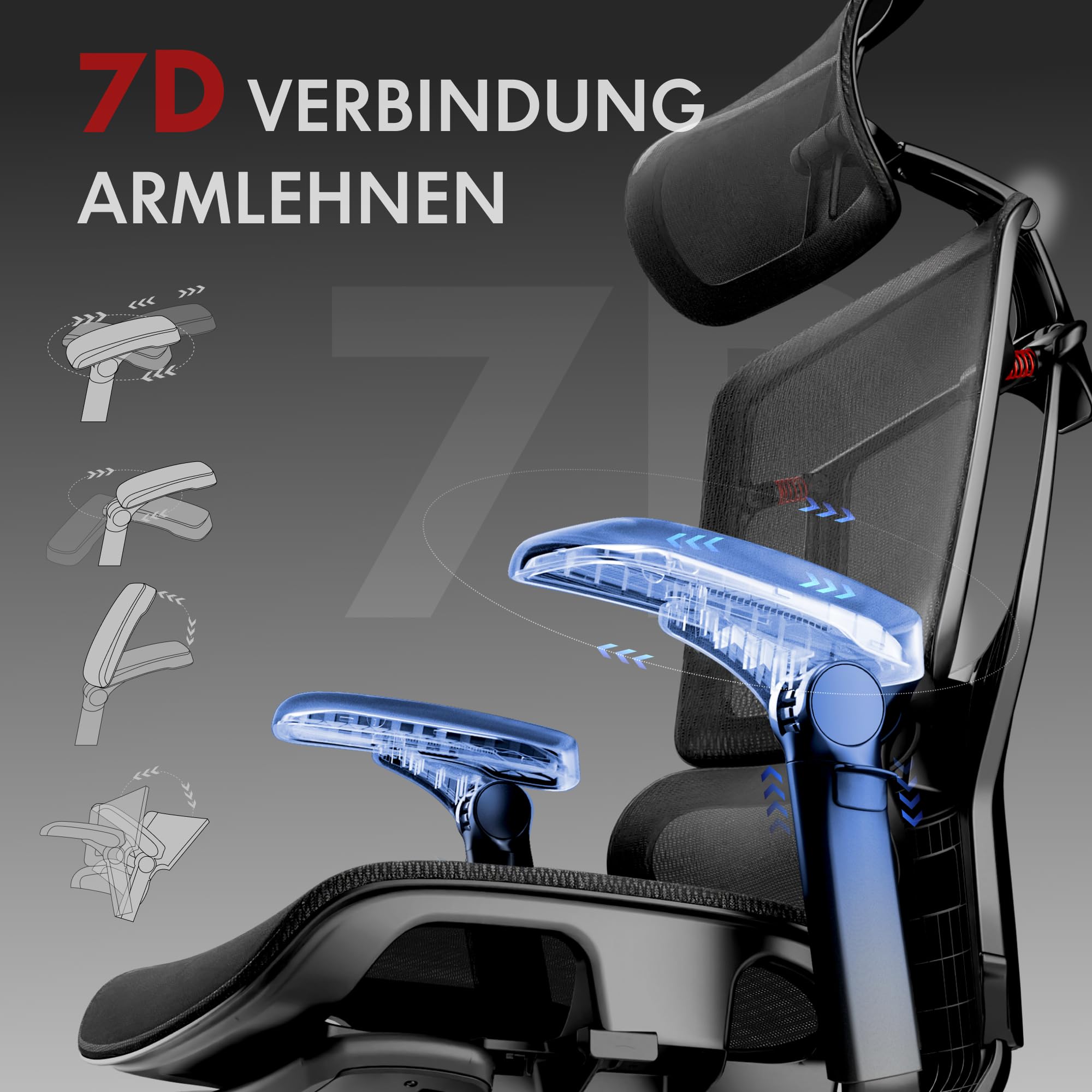 FLEXISPOT ErgoX Pro Ergonomischer Bürostuhl mit ausziehbarer Fußstütze, 12-stufiger Höhenverstellung, 7D-Armlehnen, 5D-Lendenstütze, 4D-Kopfstütze, 250 kg Belastbarkeit Netzsitz (Schwarz) 5