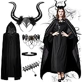 Fantspati Evil Queen Costume for Women, Witch Long Horns Hooded Cloak Gothic Necklace Bracelet Black Choker for Halloween Cosplay Party