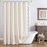 Linen Scallop Shower Curtain with 12 Clear Hooks, Waterproof, 72x72, Cream | Waterproof Heavy Duty Thick Fabric with Black Bo