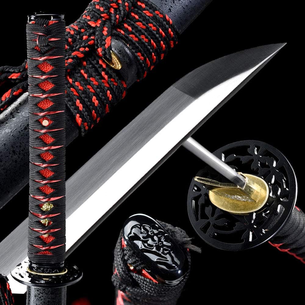 1060 Red/Golden/Blue High Carbon Steel,Handmade Sword Japanese Samurai Katana, Functional, Hand Forged, Heat Tempered, Full Tang, Sharp,Battle Ready,Wooden Scabbard,Sharp Knife