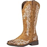 SheSole Women's Square Toe Cowboy Boots Floral Embroidered Cowgirl Western Boots Wide Calf