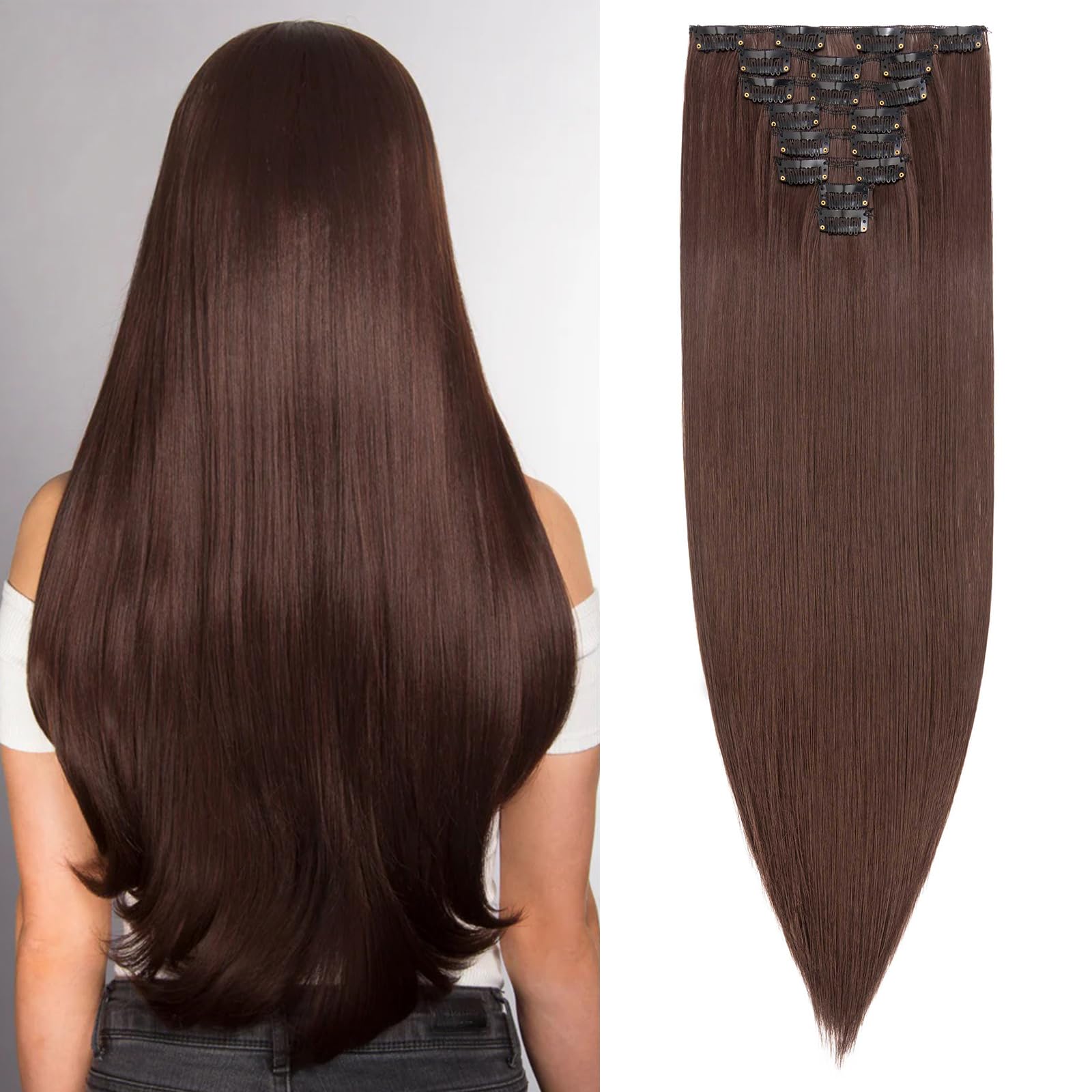 SEGOHAIR Hair Extensions Clip in 8Pcs 18 Clips Synthetic Fiber Seamless 26" Long Straight Full Head -Medium Brown — image 1
