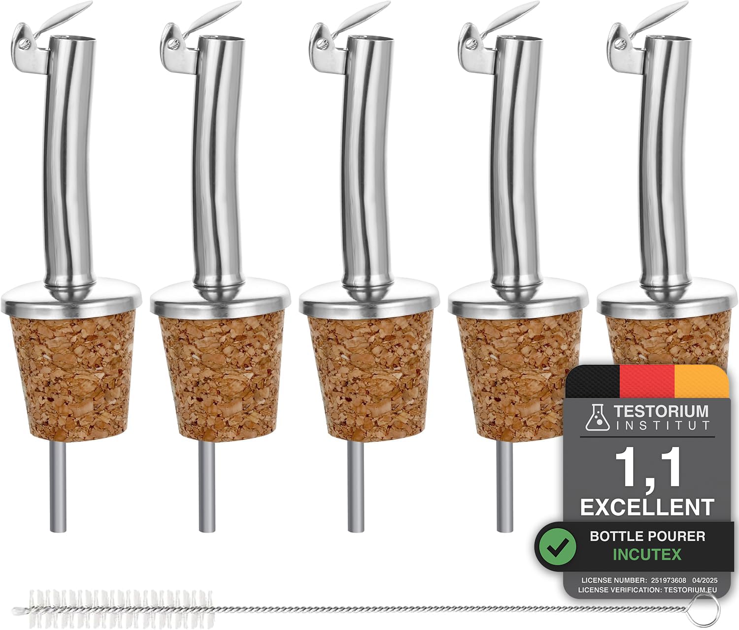 Incutex 5x Bottle Pourers and 1x Cleaning Brush, Cork Pourer with Stainless Steel Lid, Drizzler, Oil Stopper, Bottle Spouts, Spirits Wine Liqueur Vinegar Pourer