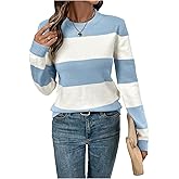 Verdusa Women's Colorblock Pullover Sweater Old Money Crew Neck Long Sleeve Knit Tops Trendy Fall Clothes
