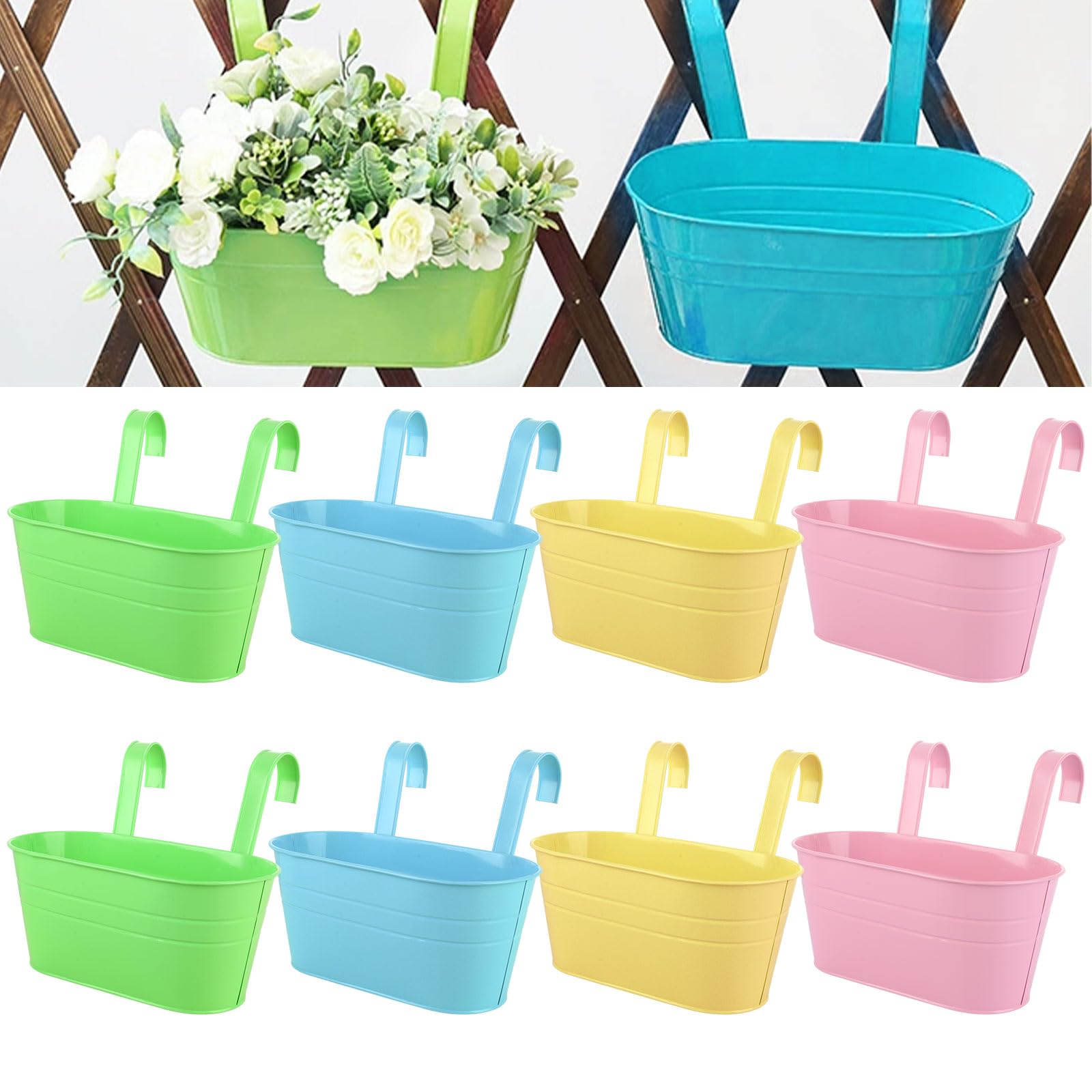 APACALI 8 Pack Hanging Plant Pot, 27cm Balcony Planters for Railing, Over Fence Planters with Detachable Hooks, Hanging Planters Outdoor, Flower Pots for Fence Garden Home Decor, 4 Colours