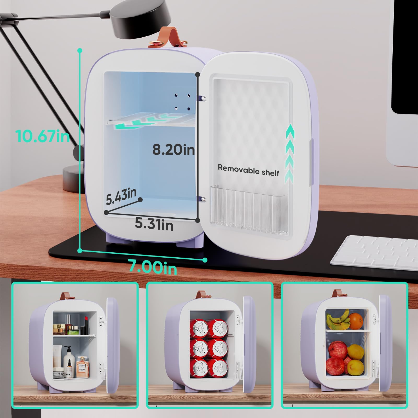 PERSONAL CHILLER 4L Mini Skincare Fridge with Handle, Cooler Mini Fridge, Portable Fridge for Makeup, Skincare, Snacks, Bedroom Vanity, Lavender - Image 3