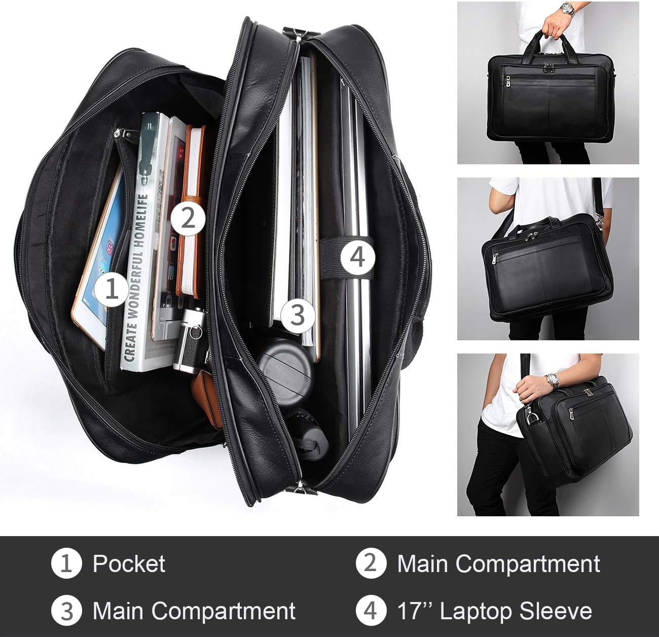 Augus Mens Leather Briefcase Messenger Bag Waterproof Travel Business Duffle Bags for Men 17 Inch Laptop Bag Black YKK Zipper