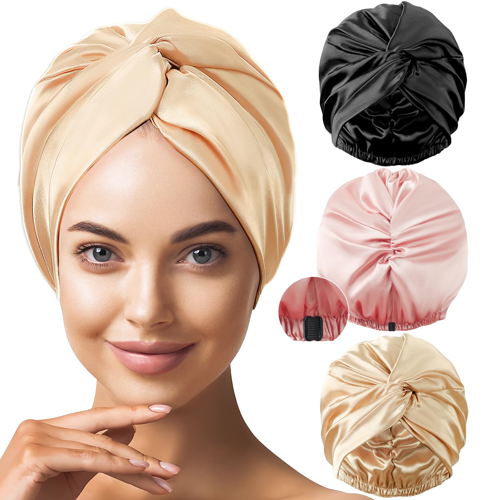 Photo 1 of 3PCS Satin Silk Bonnet Combination for Sleeping, Elastic Hair Bonnets (Champagne, Pink, Black)