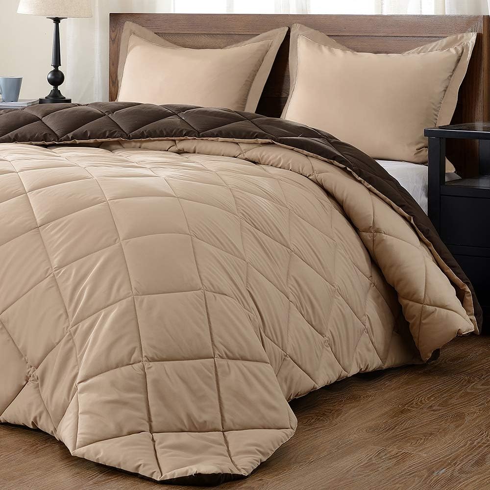 downluxe Lightweight Solid Comforter Set (Queen) with 2 Pillow Shams - 3-Piece Set - Brown and Tan - Down Alternative Reversible Comforter: Home & Kitchen