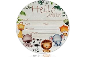 CLHHM Hello World Giraffe Yellow Elephant Birth Announcement 6" Round Birch Wood Newborn Sign for Nursery Hospital & Baby Shower, Personalized Baby Name Plaque, Keepsake Décor Gift for New Parents