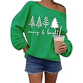 Christmas Tree Off Shouldern Sweatshirt for Women-Merry and Bright Long Sleeve Pullover Tops Shirts
