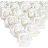 IPOPU Artificial Roses,25pcs White Glitter Roses Glitter Flowers Foam Roses with Stems for DIY Wedding Bridal Bouquet Home Party Decoration(White)