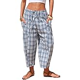 EXLURA Womens Cotton Faux Linen Gingham Barrel Capri Pants Plaid Palazzo Trousers Harem Pants Pockets Summer Beach Vacation