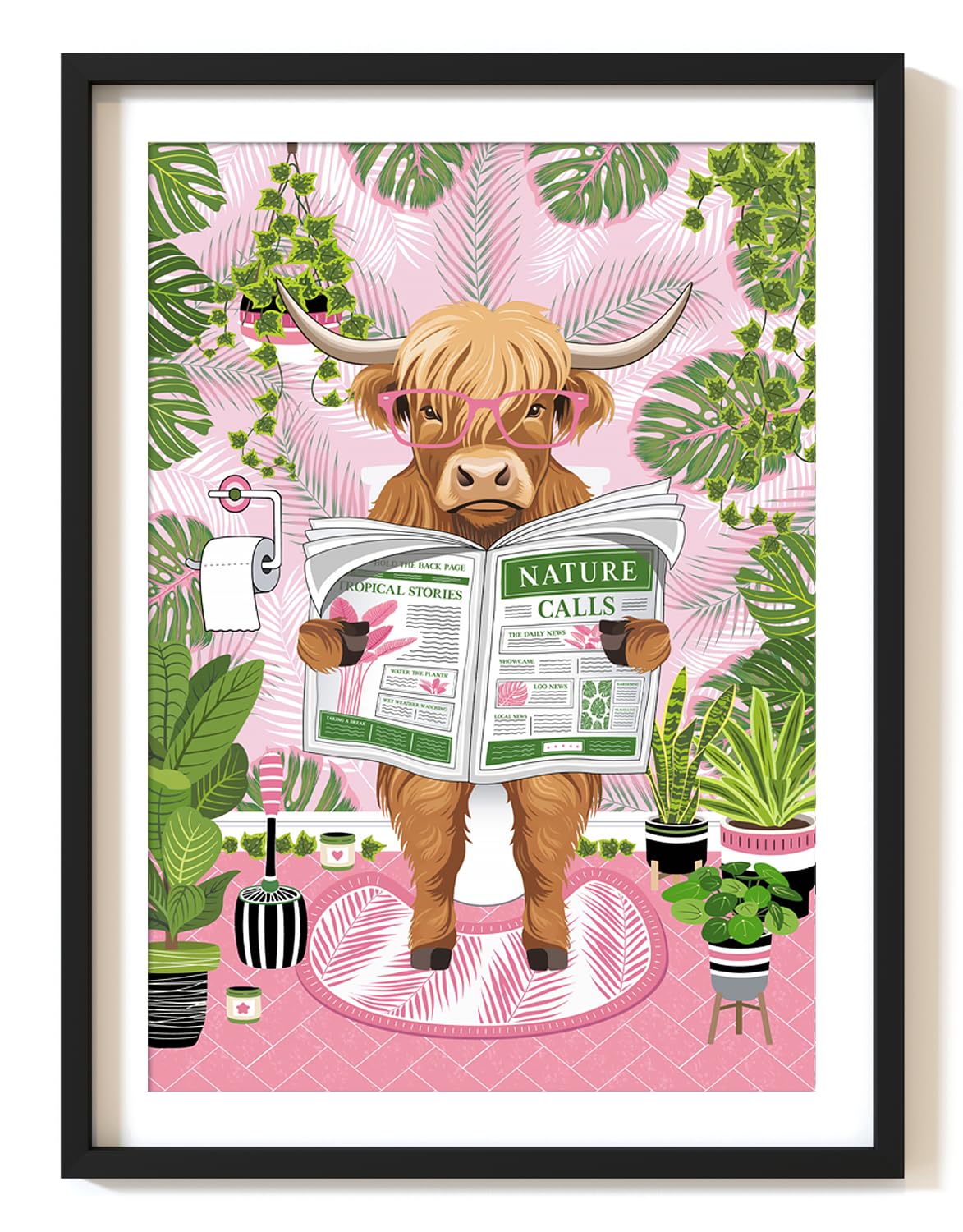 Parmaro Highland Cow on Toilet Print, A4 Unframed Art Print, Pink Botanical Tropical Bathroom Decor