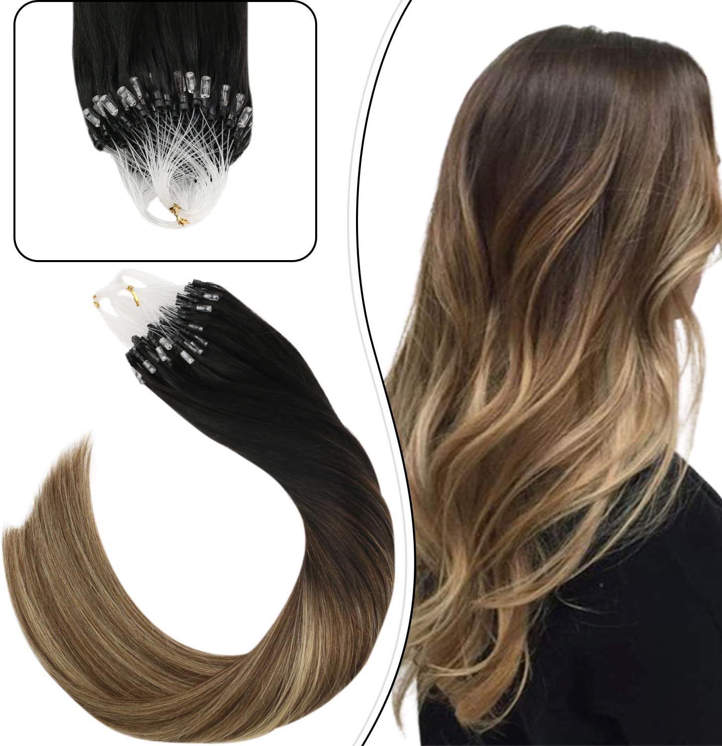 Micro Loop Human Hair Extensions, 14Inch Micro Ring Hair Extensions 100% Real Human Hair Extensions 50Gram Microbead Hair Extensions Balayage Black to Brown with Blonde #1B/4/27