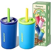 Gencywe 2 PACK Kids Double Walled Stainless Steel Cups with Straws and lids | 12 oz Spill-Proof Sippy Smoothie Tumbler Set, Small Kids Snack & Drink Water Cups, BPA-Free (Age: 3+ years old & up)