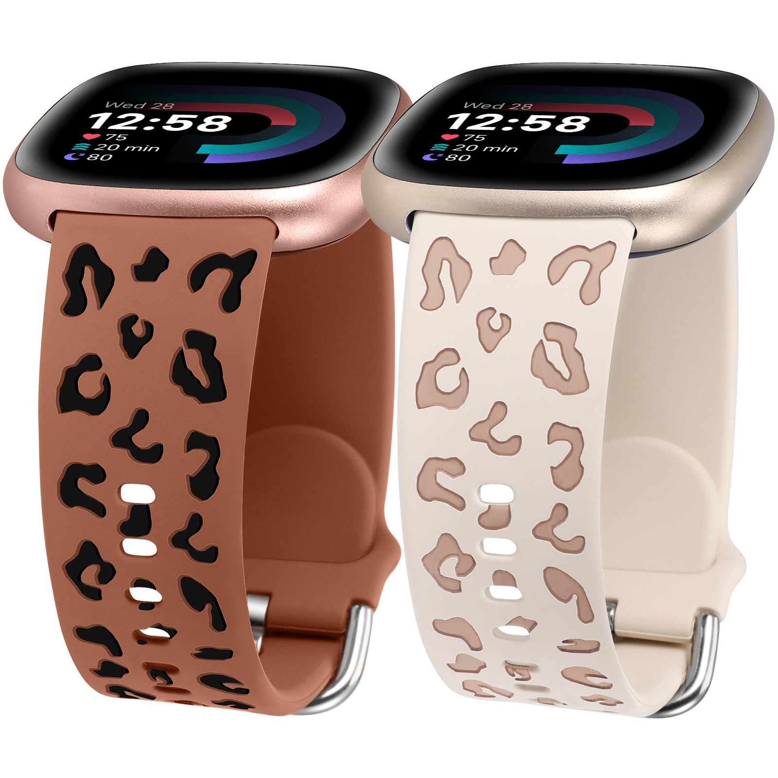 Photo 1 of Minyee 2 Pack Leopard Engraved Band Compatible with Fitbit Versa 4/Versa 3/Sense 2/Sense Band Women, Two-Tone Cheetah Soft Silicone Sport Designer Fancy Summer Replacement Wristband Strap for Versa 3