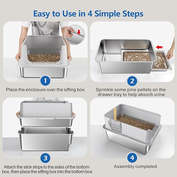 23.6X16X14” SIFTING LITTER BOX WITH DRAWERS, STAINLESS STEEL DRAWER LITTER BOX WITH 6” LID & METAL SCOOP, XL CAT LITTER TRAY, ODOR-CONTROL & SAVES CLEAN TIME, FITS MOST CATS