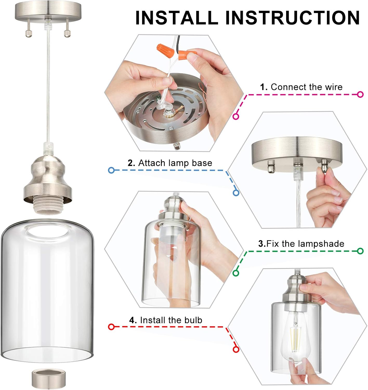 Industrial Pendant Lighting, Adjustable Hanging Light Fixtures, Clear Glass Shade Pendant Light, Vintage Farmhouse Mini Hanging Ceiling Lamp for Kitchen Living Room Bedroom Hallway, E26 Base, 3-Pack - - 