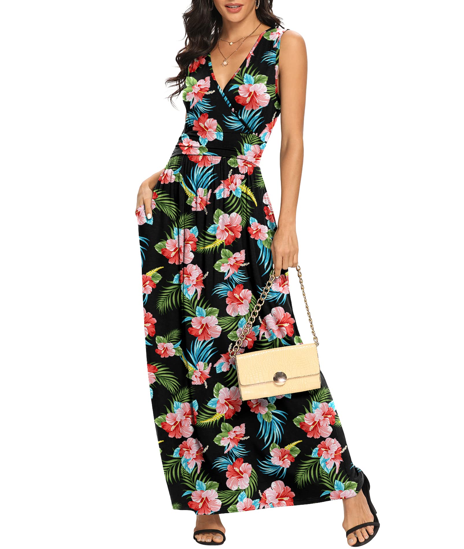 Photo 1 of LILBETTER Women Sleeveless Deep V Neck Loose Plain Long Maxi Casual Dress(Flower Hibiscus Black,Medium)
