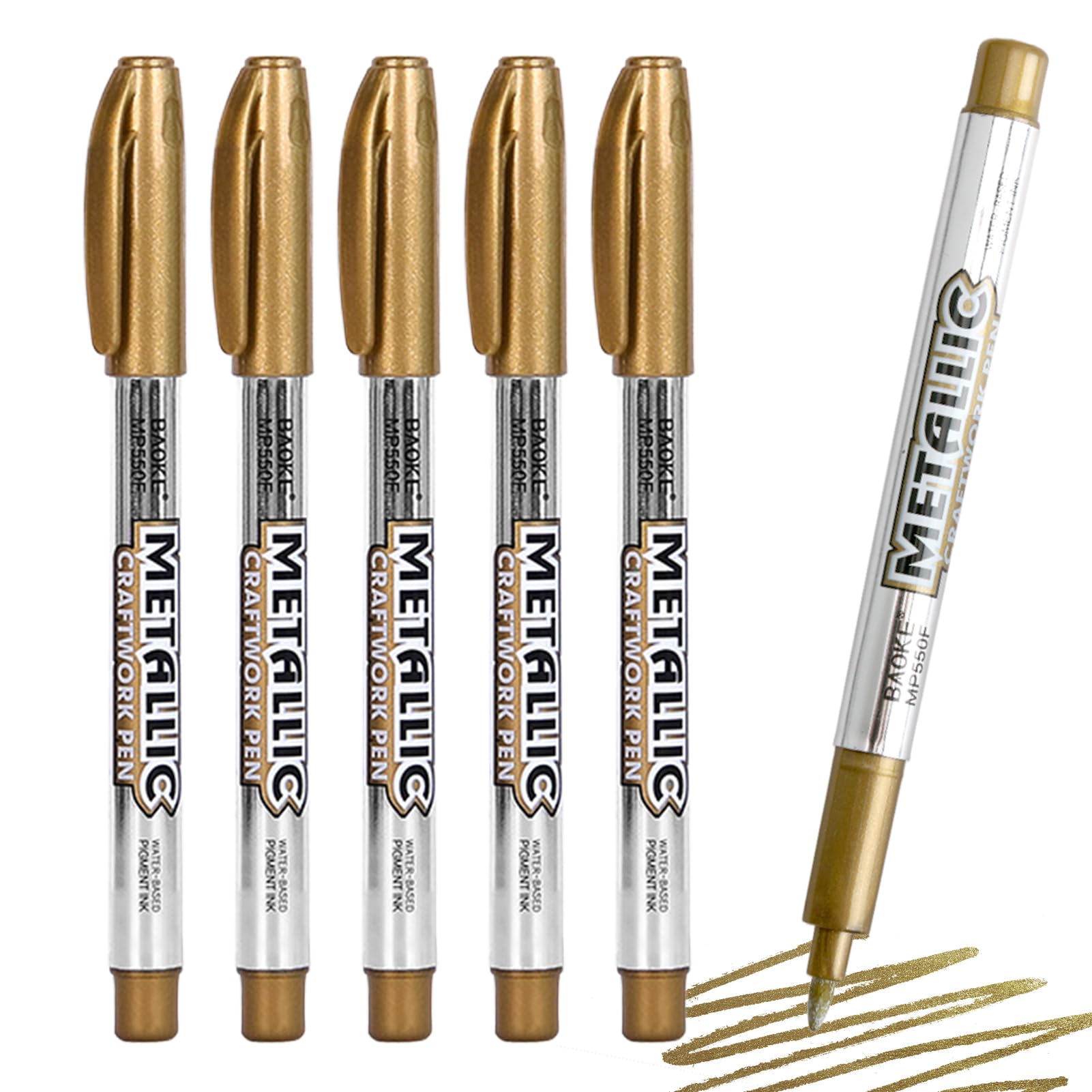 5 Pcs Gold Metallic Marker Pens, Glittering Gold Permanent Markers, Shiny Highlight Pens Bling Writing Pen Gloss Wet Shine Effect Art for Halloween Christmas Thanks Scrapbook Card Making Painting DIY