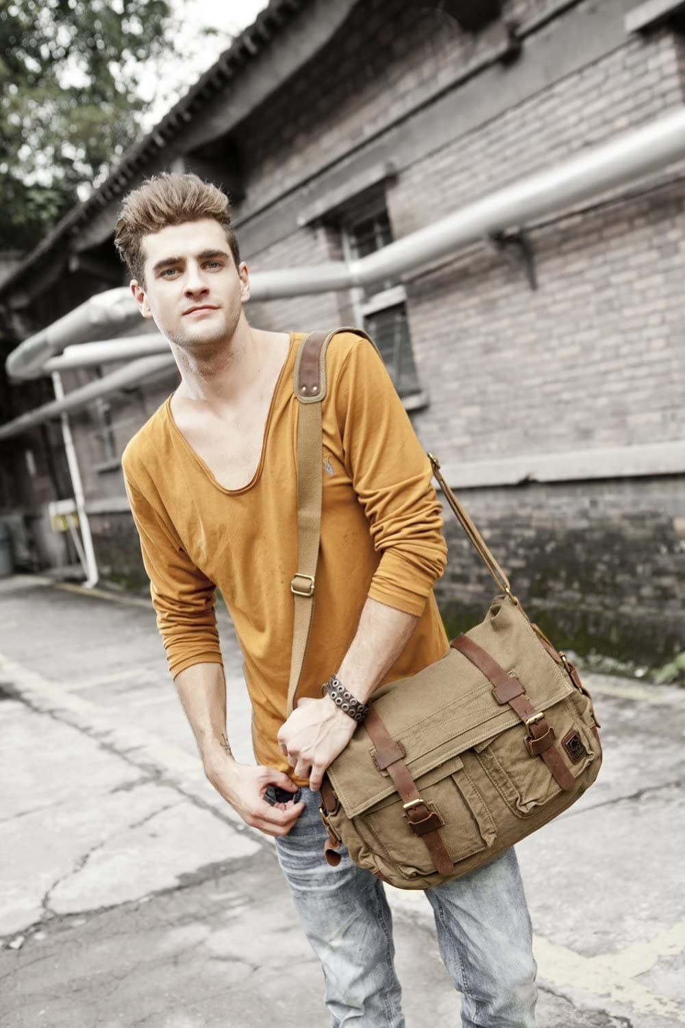 Eysee Schultertasche Herren Canvas-Umhängertasche Daypack für Alltag und Sport 35cm (L) X 30cm(H) X 10cm(W) (Grün) 3