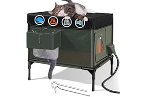 LUBLACET Heated Cat House for Outside Cat Insulated in Winter,Fully Waterproof,with Adjustable Awning,Escape Door,Indoor Outdoor Cat Shelter for Feral Stray Barn Cat to Stay Warm&Dry,Olive/Black,13x18.5x21in