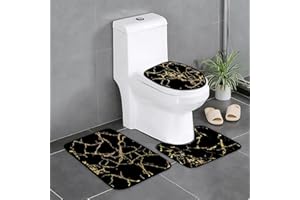 Alishomtll Black Marble Bathroom Rugs Sets 3 Piece with Non-Slip Rug, Toilet Lid Cover and Bath Mat, Gold Bathroom Rugs and Mats Sets, Modern Bath Rugs for Bathroom Washable Bathroom Accessories Set
