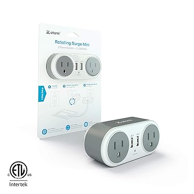 atomi smart USB Surge Protector Wall Charger - Rotating Power Strip with 2-Outlet Extender Adaptor and 2 USB Charging Ports - White