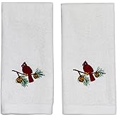 Serafina Home Christmas Fingertip Towels: Plush Velour Cotton with Embroidered Winter Cardinal Bird on Pine Tree, Set of 2 Christmas Fingertip Bathroom Towels,