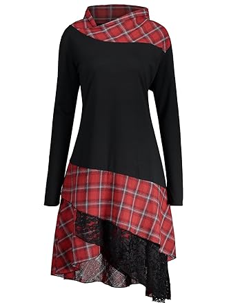 ZAFUL Lace Plaid Panel Plus Size Kleider Women's Long Sleeve Beiläufige Loose T-Shirt Dress Blouse Top