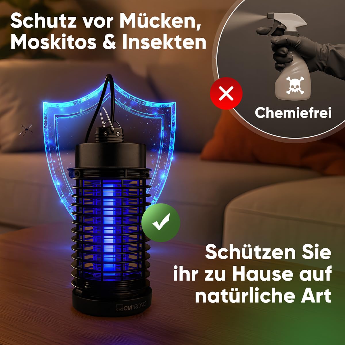 Clatronic® Insektenvernichter elektrisch | Mückenfalle Tag & Nacht | für bis zu 50qm | Mückenlampe ohne Chemie oder Duftstoffe | Fliegenfalle elektrisch inkl. Reinigungsbürste | Lichtfalle ISL 3823 2