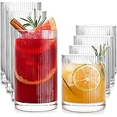 Drinking Water Glass Cups Set,Crystal Clear ribbed Glass set of 8,17oz&12oz | Unique Design Vintage Cocktail Glass, Tall Glas