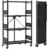 WORKPRO 4-Tier Folding Shelf, No-Assembly Metal Storage Rack with Wheels, 600 lbs Capacity (with Leveling Feet), Collapsible Shelving Unit for Kitchen, Pantry, Bathroom &amp; Closet Organization