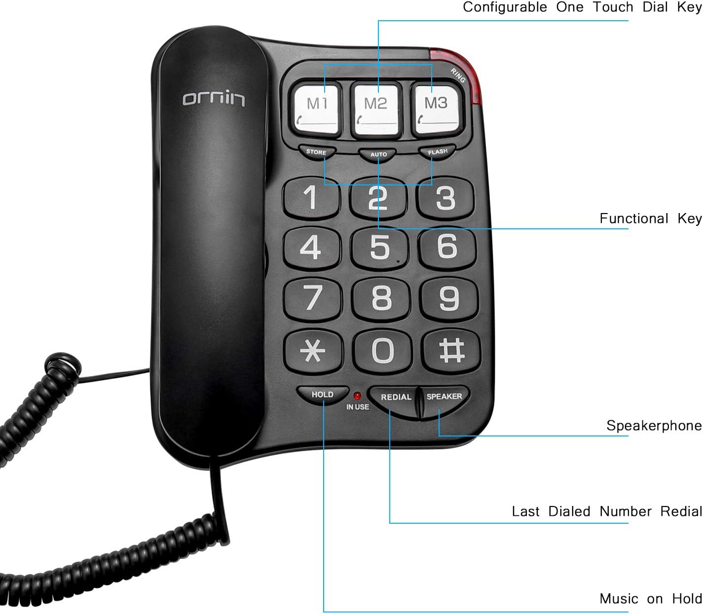 Ornin S016+ Big Button Corded Telephone with Speaker, Desk Phone (Black) : Electronics