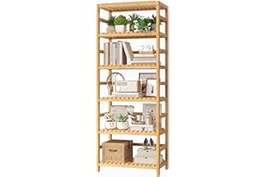 FOTOSOK 6-Tier Bamboo Shelf, Bamboo Bookcase with Adjustable Shelves, Free Standing Storage Shelf Unit, Plant Flower Stand for Kitchen, Bathroom, Home Office, Natural