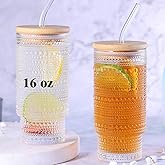 Cowjut 16 oz Glass Cups with Lids and Straws, Clear Iced Coffee Cups with Lids, Hobnail Drinking Glasses Tumbler Set for Matcha Latte Juice (2 Pack)