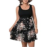 SOLY HUX Women's Plus Size Floral Tank Dress Sleeveless Square Neck A Line Flowy Belted Summer Short Dresses