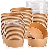 Lyellfe 50 Pack Kraft Paper Bowls with Lid, 25 Oz Disposable Soup Salad Serving Bowls, To Go Food Container for Party Dessert
