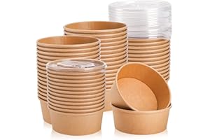 Lyellfe 50 Pack Kraft Paper Bowls with Lid, 25 Oz Disposable Soup Salad Serving Bowls, To Go Food Container for Party Dessert