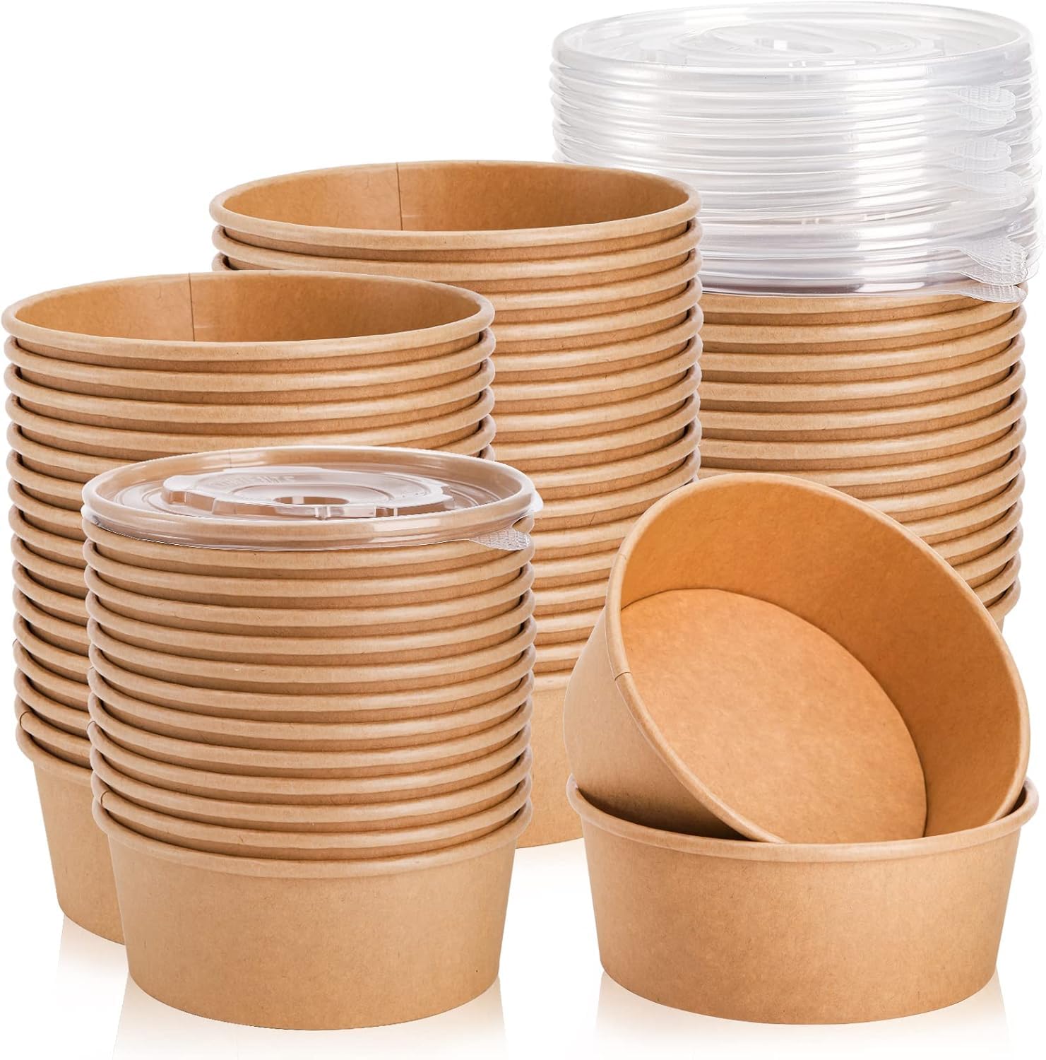 Photo 1 of Lyellfe 50 Pack Kraft Paper Bowls with Lid, 25 Oz Disposable Soup Salad Serving Bowls, To Go Food Container for Party Dessert, Ice Cream, Yogurt, Microwave Freezer Safe